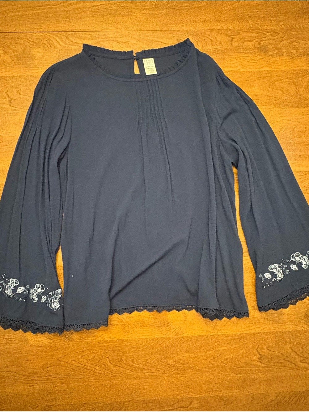 Time and Tru Navy Long-Sleeve Ruffled Neck Blouse with Embroidered Cuffs